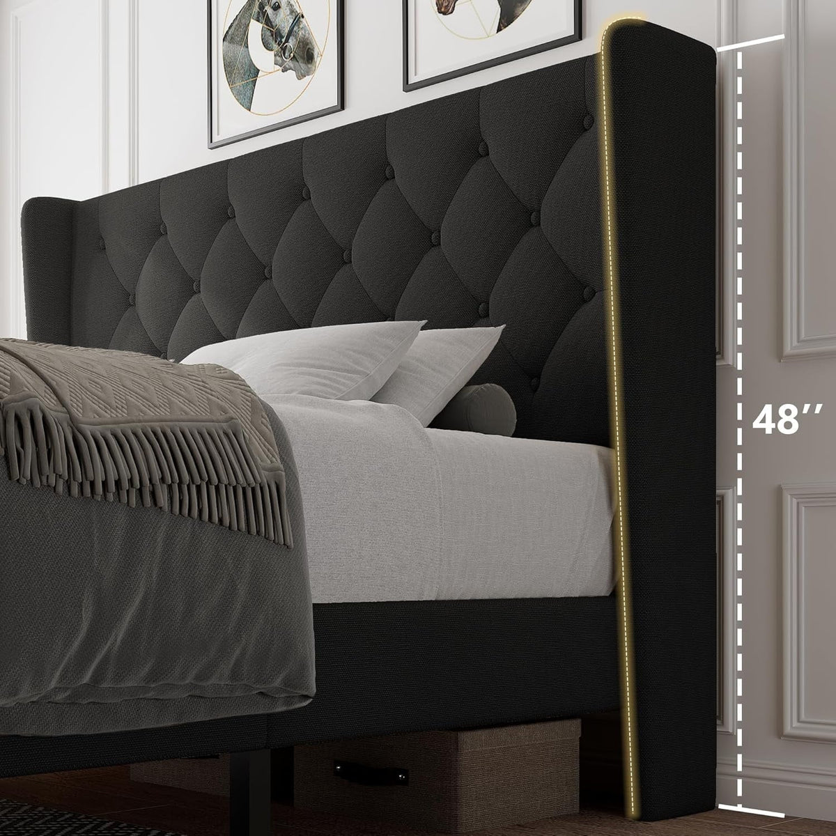iPormis Full Size Bed Frame with Diamond Button Tufted Wingback Headboard, Upholstered Platform Bed Frame with Strong Wood Slat Support, No Box Spring Needed,Black