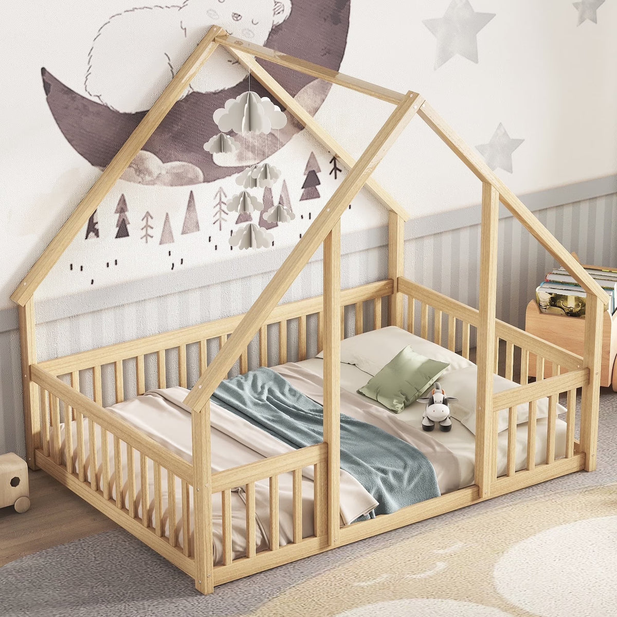 Bellemave Twin Size Floor Bed Frame, Wooden House Bed Twin Size with Fence, Montessori Bed with Guardrails for Bedroom (White)