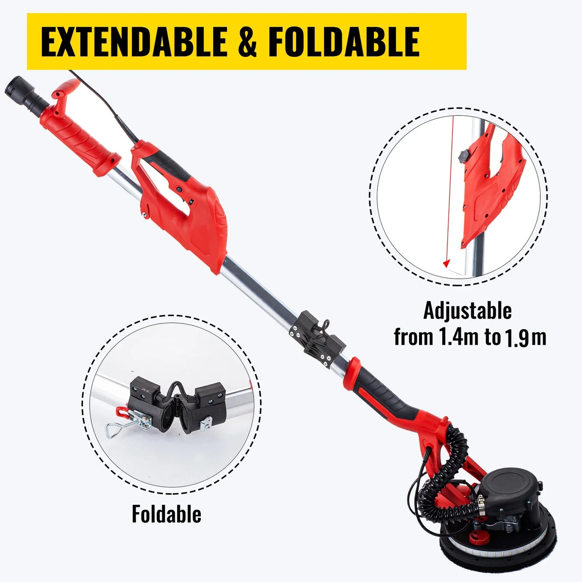 KFFKFF Drywall Sander 850W, Power-Driven Wall Smoother, Adjustable Speed 800-1750 RPM, Collapsible Plasterboard Smoother, with Extendable Handle, Power Smoother