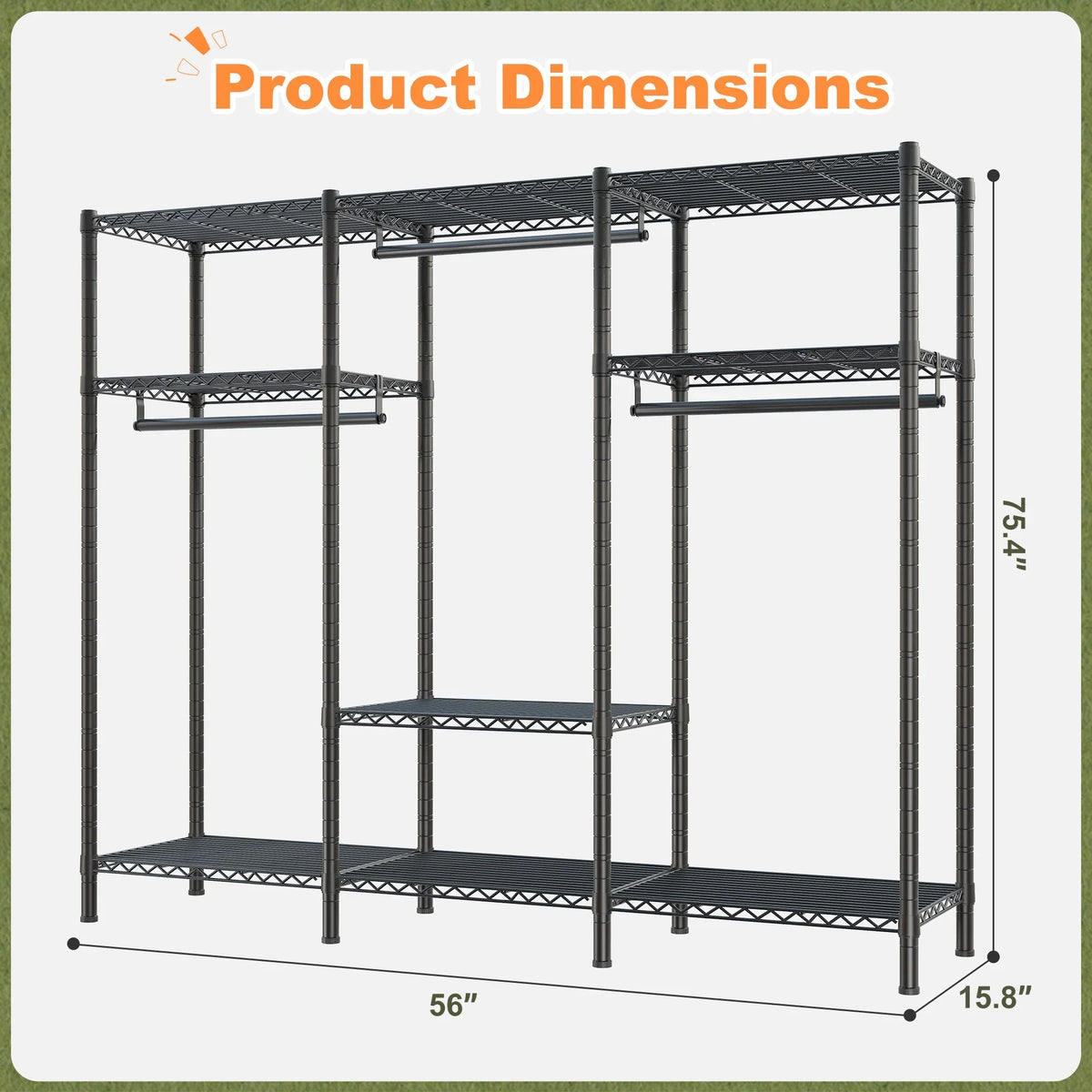 EnHomee Clothing Rack Portable Closet Organizer with 9 Shelves & 3 Rods,Heavy Duty Adjustable Wardrobe Rack 795 LBS Capacity"Black