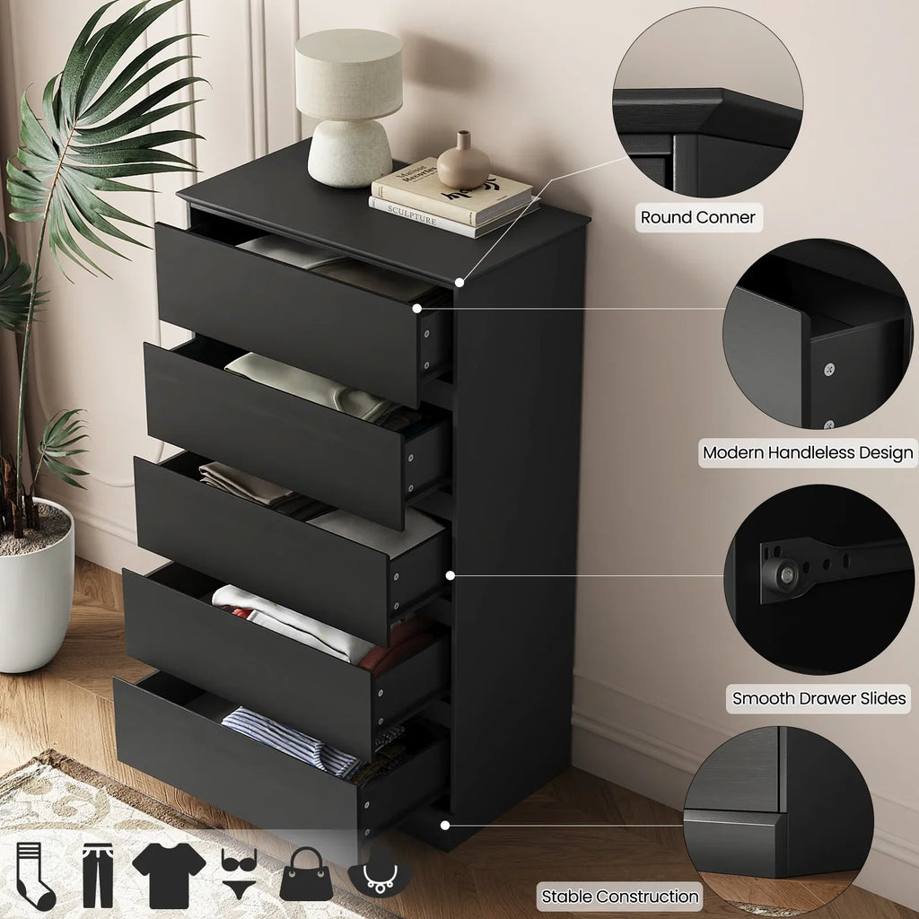 2 PCS Dresser for Bedroom, 5 Drawer Dresser Black Chest of Drawers for Living Room Dressing Room Entryway -2PCS