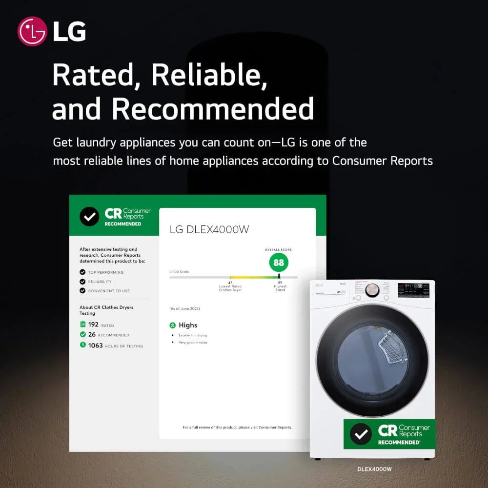 LG DLEX4000W 7.4 Cu. Ft. Ultra Large Capacity Smart wi-fi Enabled Front Load Electric Dryer with TurboSteam and