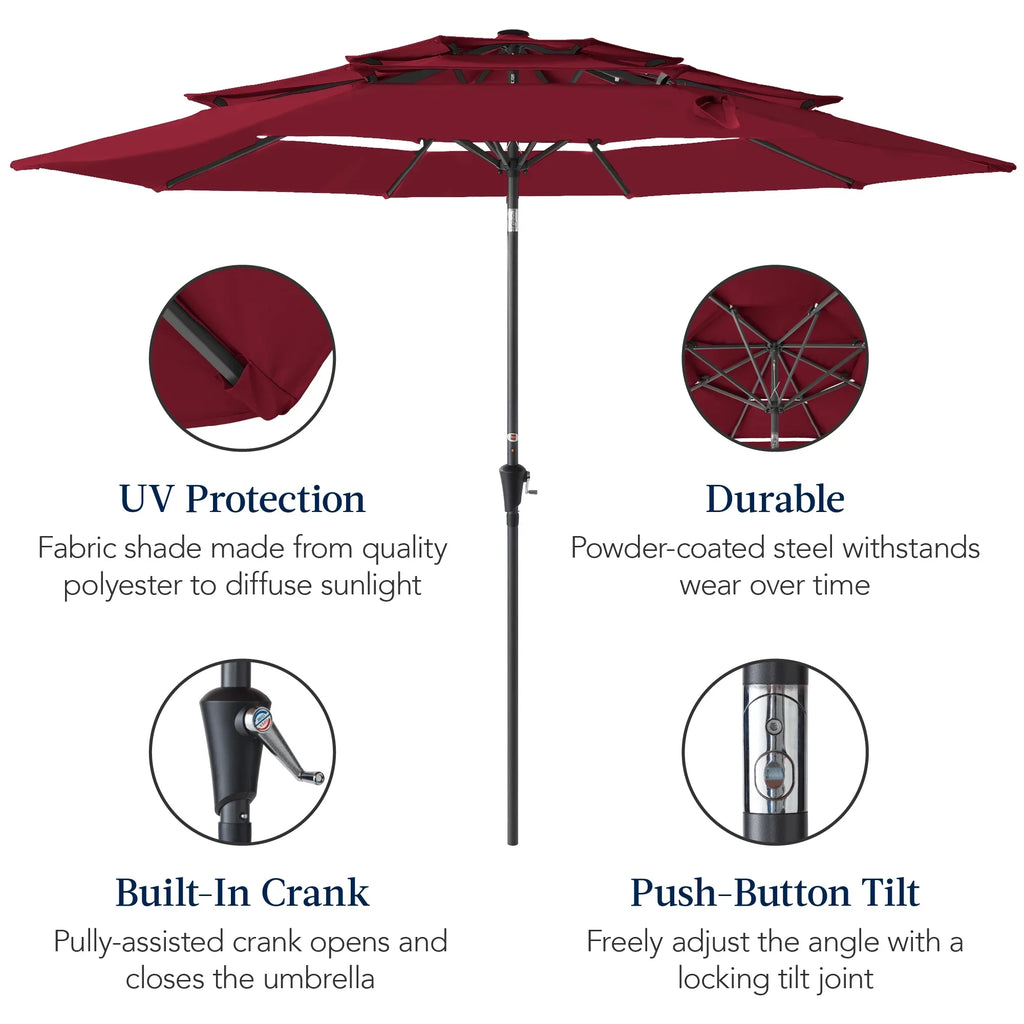 Best Choice Products 10ft 3-Tier Patio Umbrella, Market Sun Shade w/ Tilt Adjustment, Easy Crank - Red