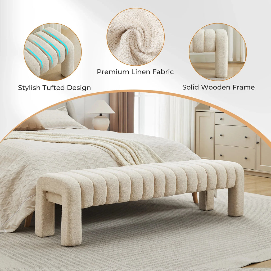 Zesthouse 63" End of Bed Bench, Linen Tufted Upholstered Ottoman Bench with Padded Seat and Solid Wood Leg, Modern Entryway Bench for Bedroom, Living Room, Beige