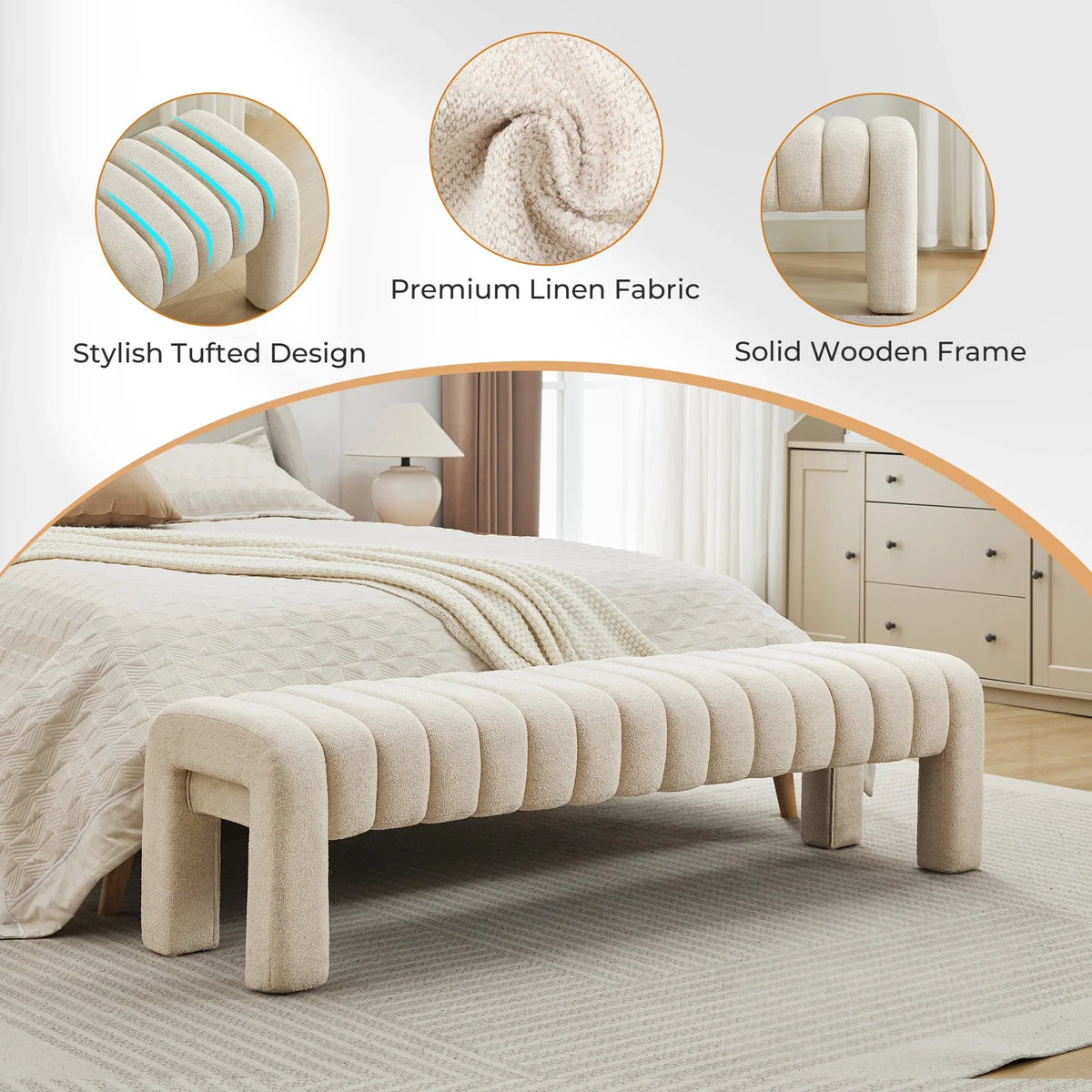 Zesthouse 63" End of Bed Bench, Linen Tufted Upholstered Ottoman Bench with Padded Seat and Solid Wood Leg, Modern Entryway Bench for Bedroom, Living Room, Beige