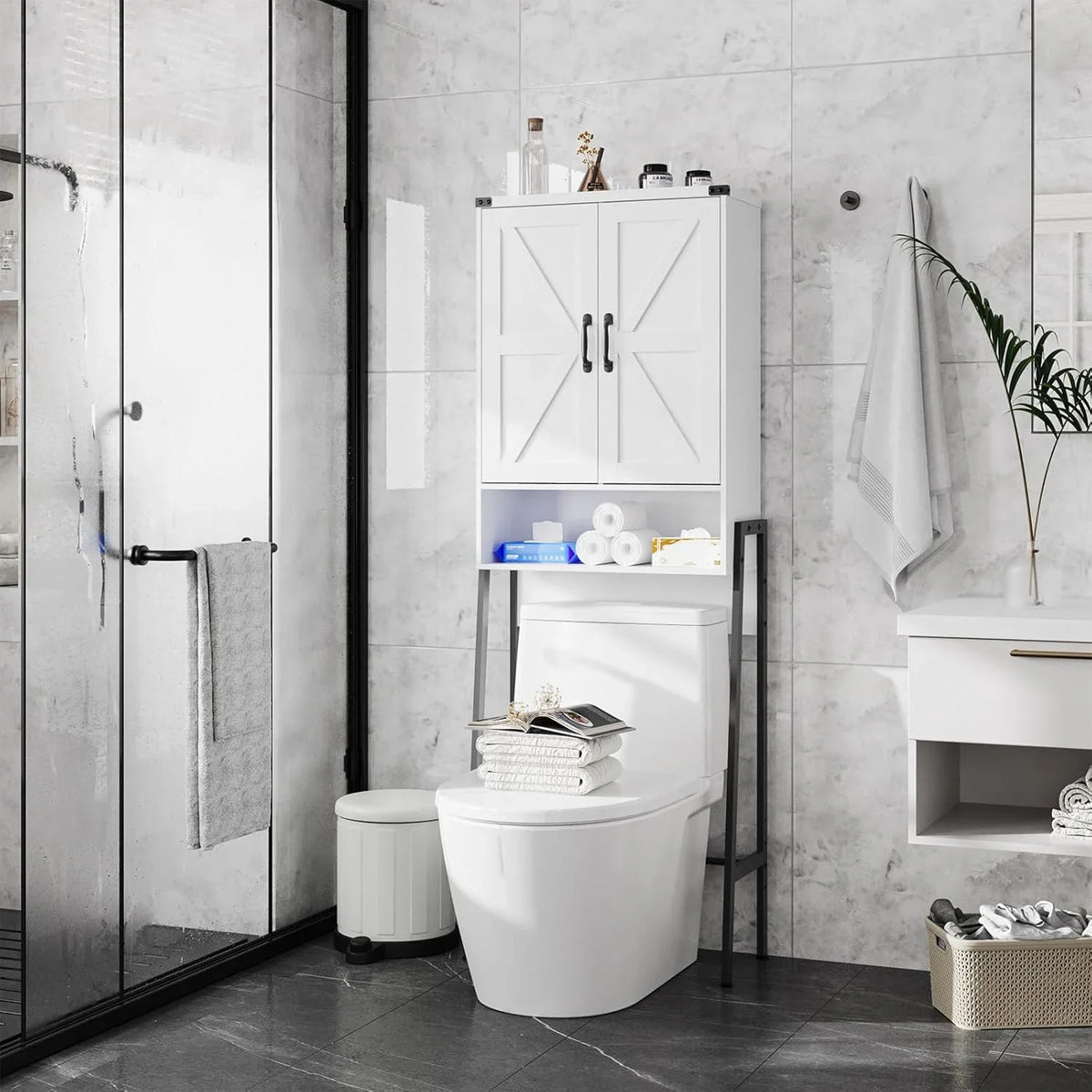 Vabches Over The Toilet Storage Cabinet, 68" H Farmhouse Freestanding Bathroom Storage Organizer with Double Doors & Storage Shelves