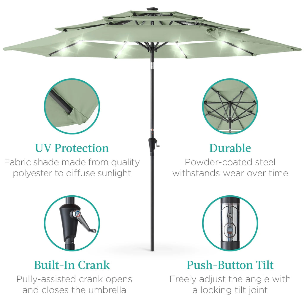 Best Choice Products 10ft 3-Tier Solar Patio Umbrella w/ 24 LED Lights, Tilt Adjustment, Easy Crank - Tan