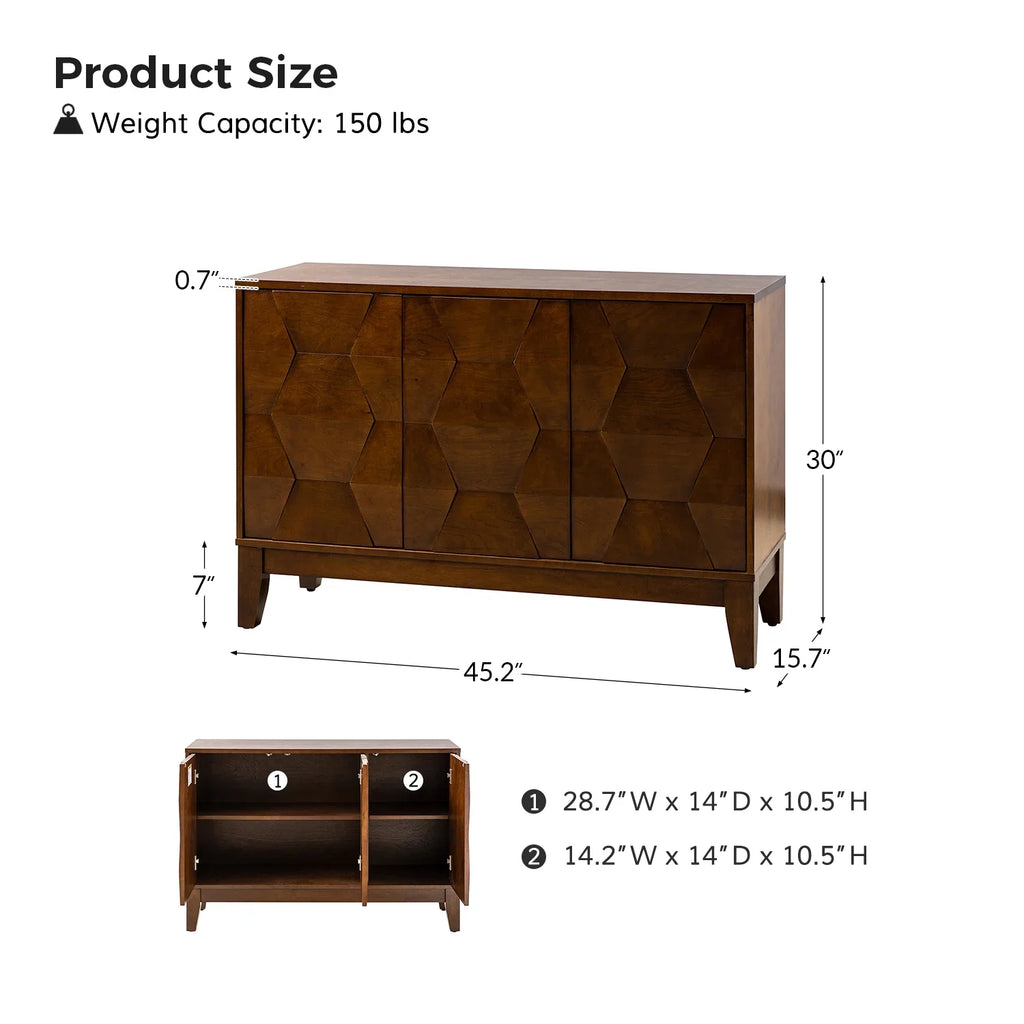 Wooden 45" Sideboard Buffet Cabinet 2 Doors with Adjustable Shelves Living Room Entryway Bedroom Walnut