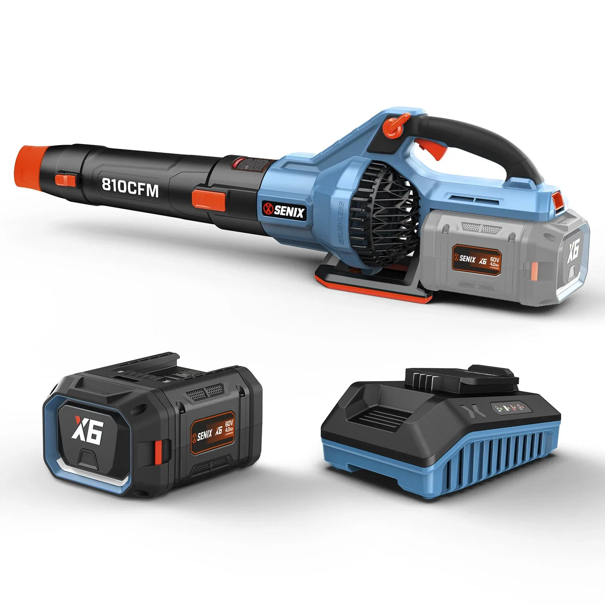 SENIX X6 60V Max* Brushless Cordless Leaf Blower with 4.0 Ah Battery and Charger, Variable Speed Up to 810CFM 170MPH, BLAX6-M1