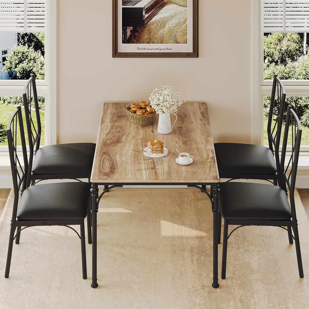 Huisuilinss Dining Table Set For 4,5-Piece Kitchen Table And Chairs Set,Farmhouse Rectangular Dining Room Table Set,Kitchen Table Set With 4 Chairs,Wood Metal Frame Dinette Set For Apartment