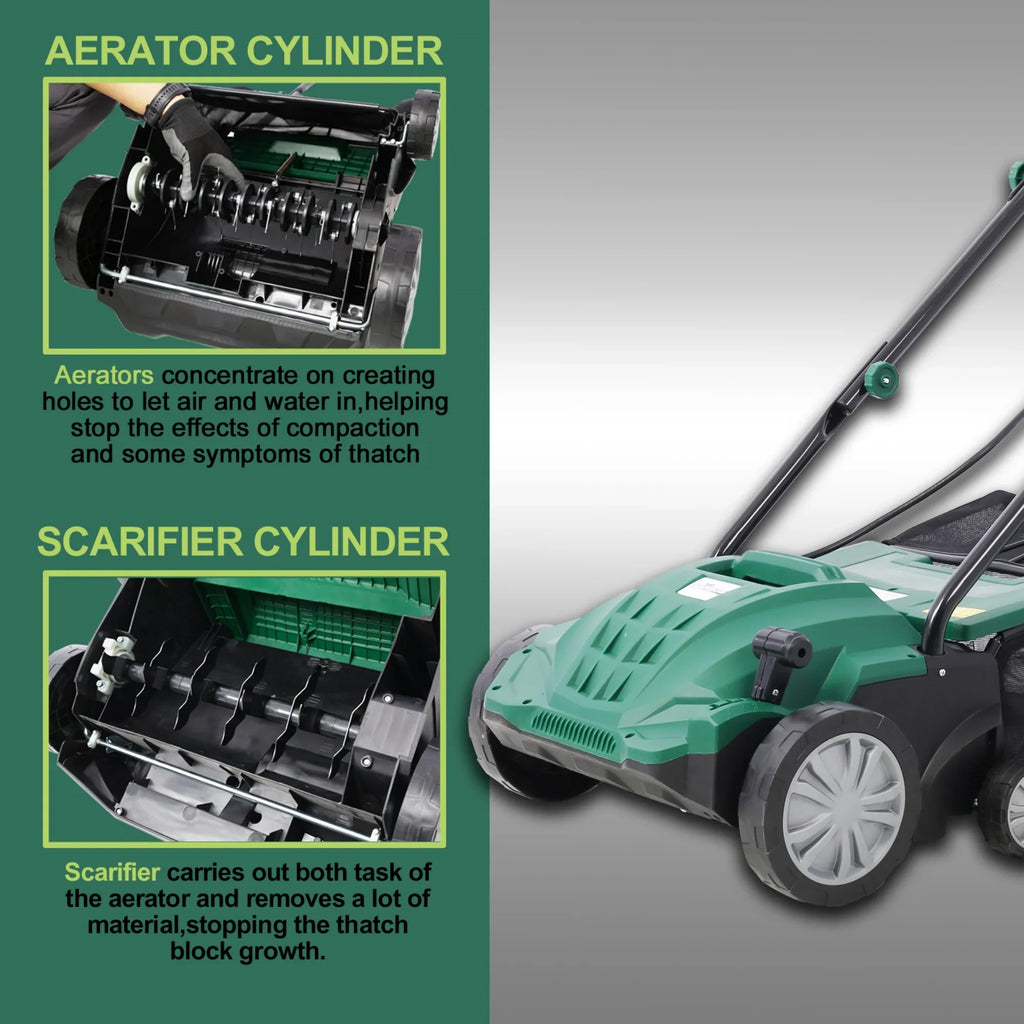 2-in-1 13" Dethatcher & Scarifier, 12 Amp Electric Garden Lawn Mover, Removable Collection Bag extra large 32QT