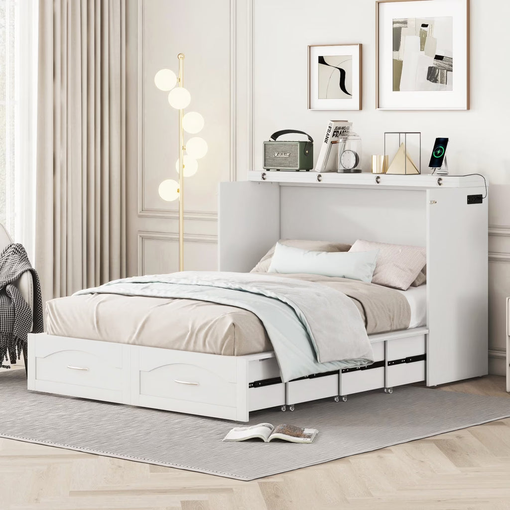 Harper & Bright Designs Full Size Murphy Bed with Shelves, Foldable Wall Bedframe w/Flexible Slats Support, Space-Saving Design, Can Be Folded Into Cabinet, White