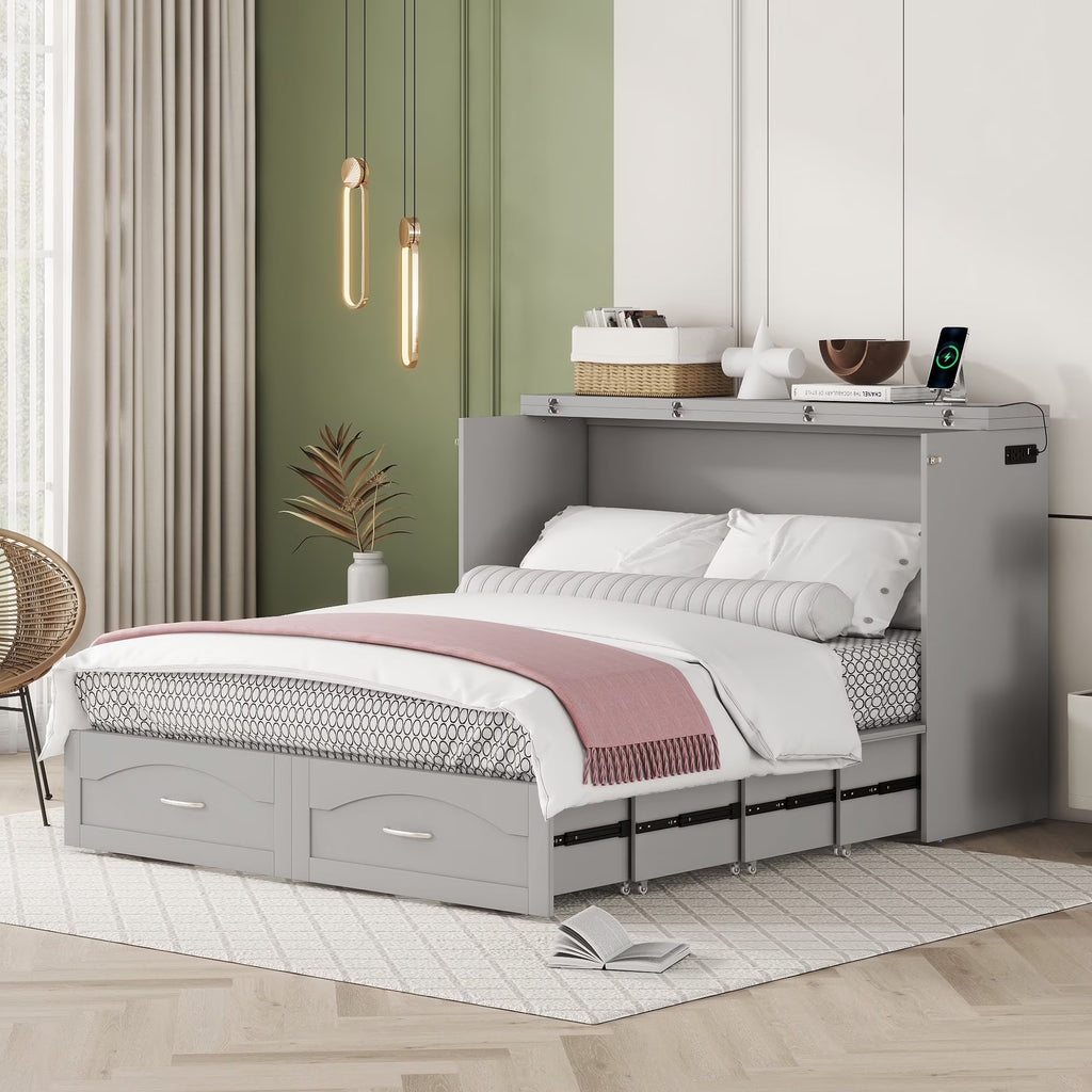 Harper & Bright Designs Full Size Murphy Bed with Shelves, Foldable Wall Bedframe w/Flexible Slats Support, Space-Saving Design, Can Be Folded Into Cabinet, White