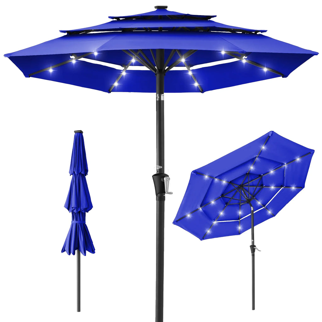 Best Choice Products 10ft 3-Tier Solar Patio Umbrella w/ 24 LED Lights, Tilt Adjustment, Easy Crank - Tan