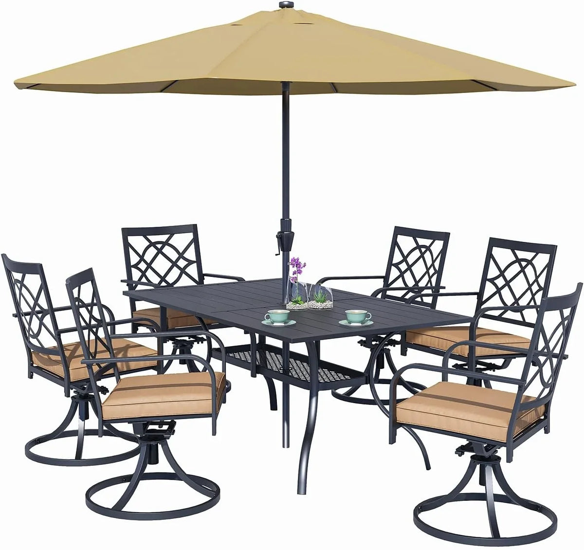 SUNCROWN 5-Piece Outdoor Wrought Iron Chairs and Table Patio Dining Furniture Set - 4 Stackable Metal Chairs, 1 Steel Slat Bistro Table and 1 Sky Blue 9Ft Patio Umbrella for Garden Backyard Deck