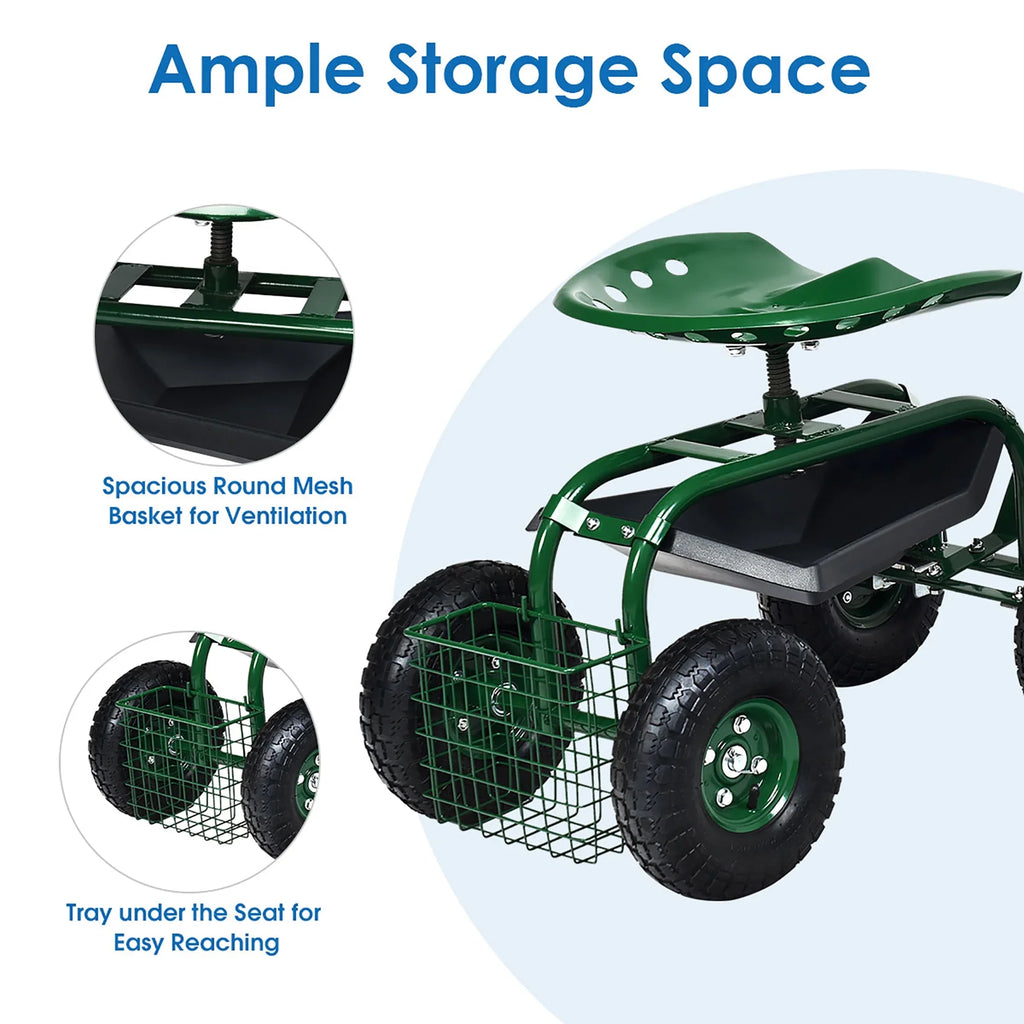 Costway Garden Cart Rolling Work Seat w/ Tool Tray Basket Green