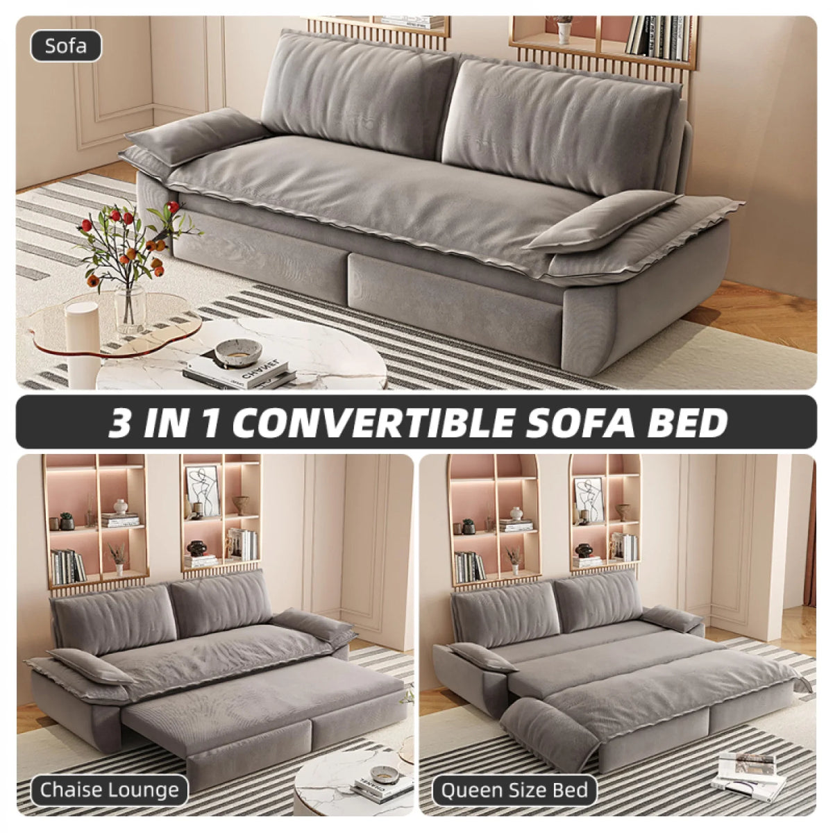 66" Queen Pull Out Sofa Bed, 3-in-1 Convertible Sleeper Sofa with Side Storage,Multi-Functional Velvet Loveseat Bed for Living Room,Bedroom
