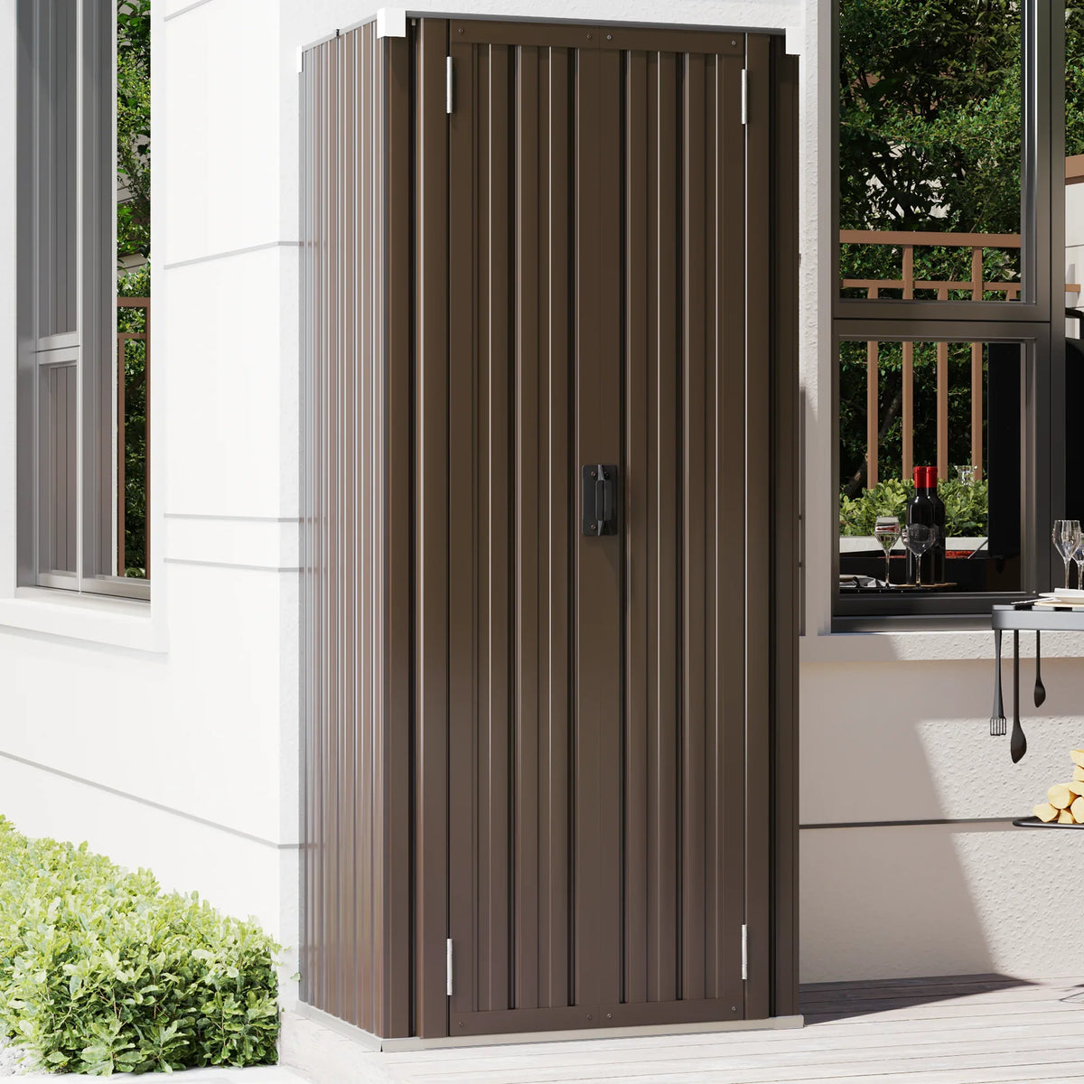 AECOJOY Outdoor Storage Cabinet Waterproof with Adjustable Shelves, Lockable Metal Outdoor Garden Storage Sheds Organizer in Brown, Versatile for Garage, Backyard, or Indoor Use