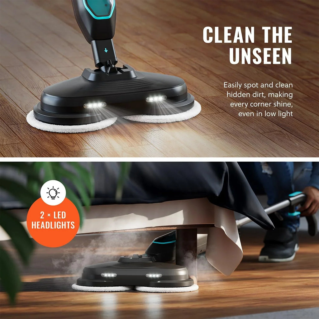 Pursteam ScrubMaster Steam Mop with Dual Scrubbing Head, LED Headlights, Adjustable Steam Control, Anti-Slip Swivel Head, Cable Holder & Upright Lock