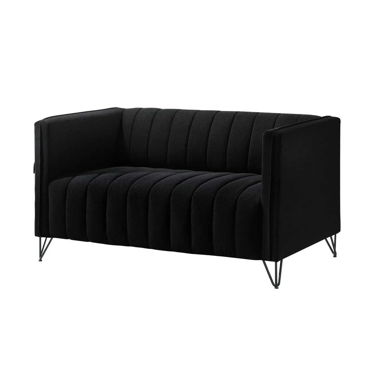 Home Design Kurtis Square Arm Loveseat with Tufted Velvet Upholstery and Gold Metal Legs, Flared Arms, Modern Living Room Seating, Black