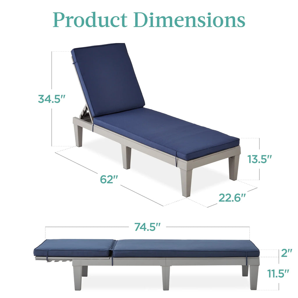 Best Choice Products Outdoor Lounge Chair, Resin Patio Chaise Lounger w/ Seat Cushion, 5 Positions - Gray/Navy