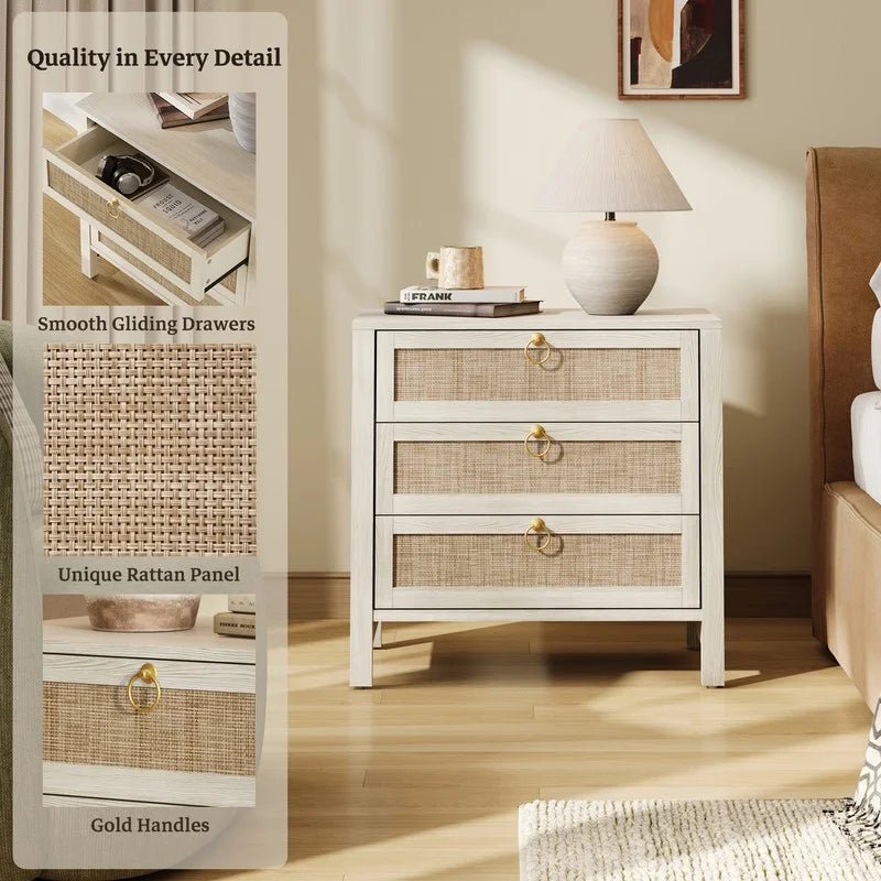 Surmoby Oak Boho 3-Drawer Nightstand Set of 2 - Extra Wide Storage Night Stand with Gold Handles Large&Tall Bed Side Table for Bedroom Living Room Enterway