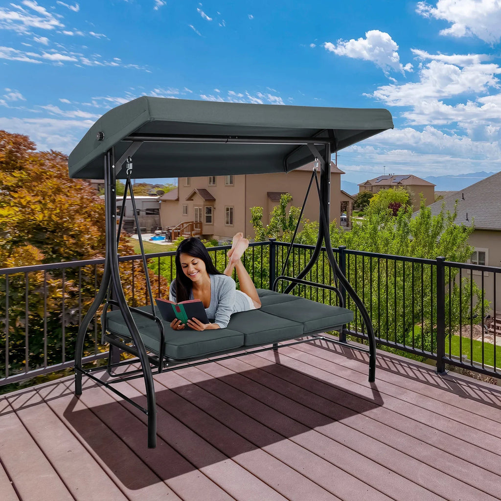 Pirecart 3 Person Patio Porch Swing Outdoor Converting Swing Glider Hammock with Adjustable Canopy, Cushions, Red