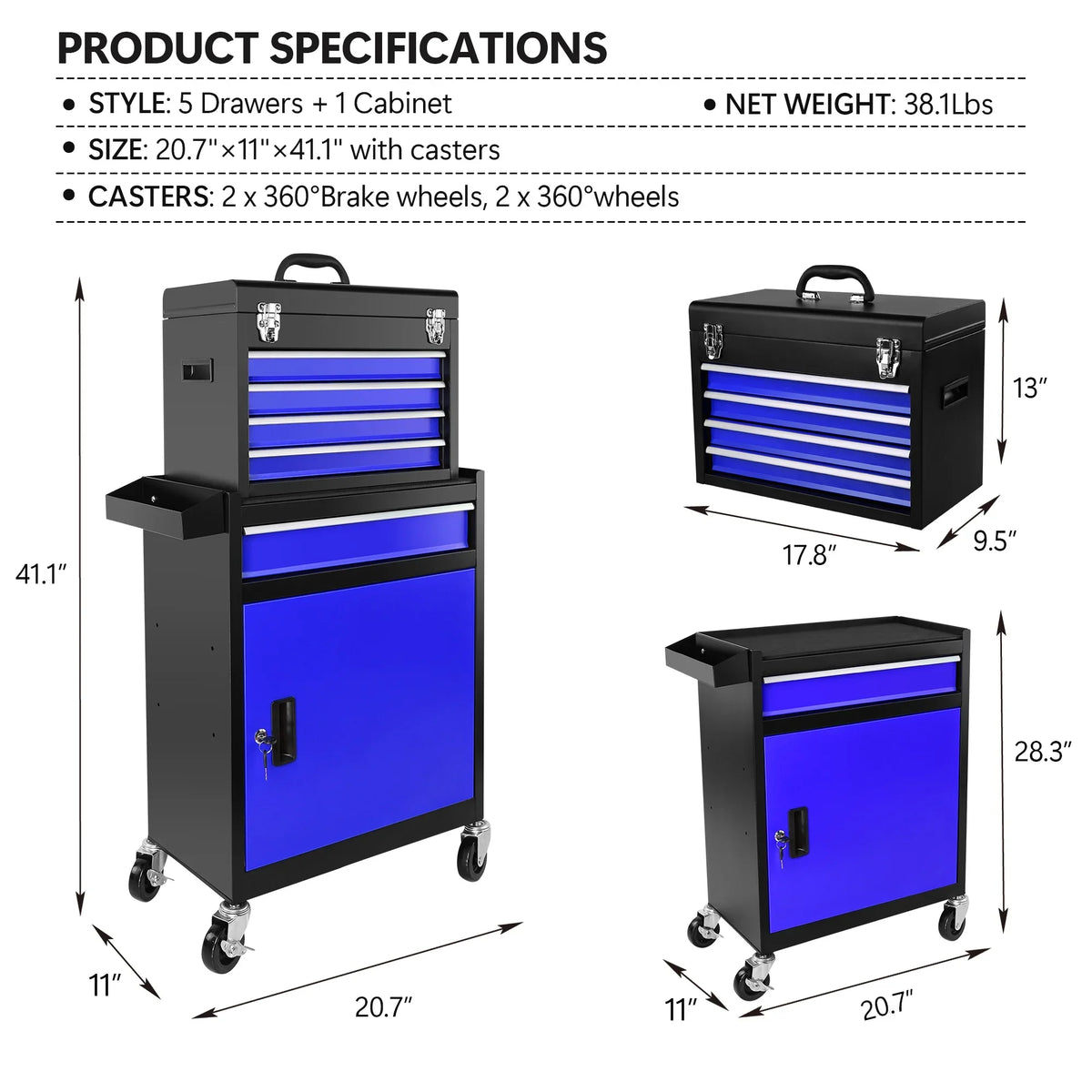 5-Drawer Rolling Tool Box, 2-IN-1 Hidden Multifunctional Tool Chest, Blue Tool Box on Wheels Storage Tool Organizer Cart, Hooks, Classification Box, Liner