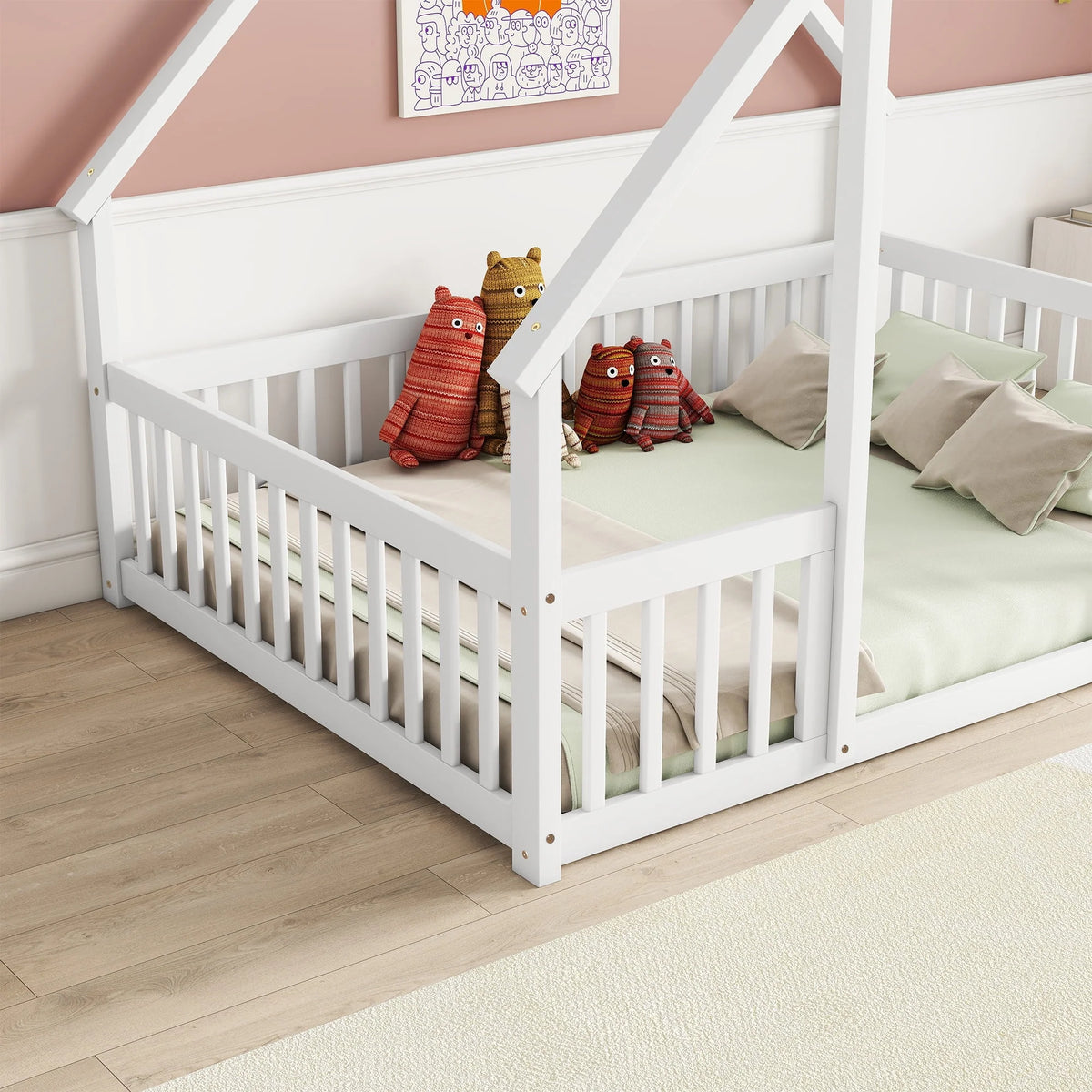 Bellemave Twin Size Floor Bed Frame, Wooden House Bed Twin Size with Fence, Montessori Bed with Guardrails for Bedroom (White)