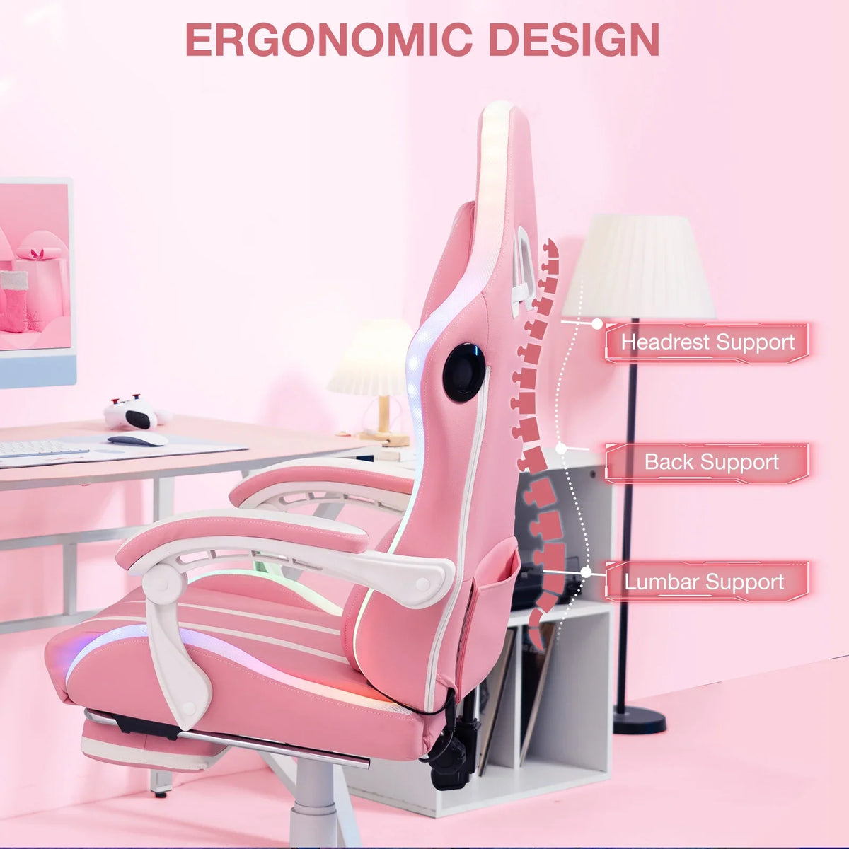 HOFFREE Big and Tall Gaming Chair with Speakers and RGB Lights, Gamer Chair with Footrest, Lumbar Support Height Adjustable 360-Swivel Seat and Headrest for Adults, 400lbs
