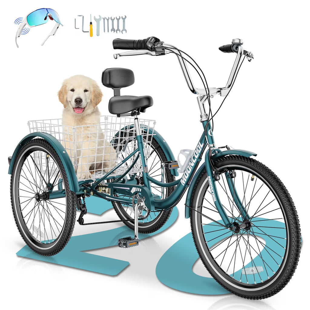 MOONCOOL Adult Tricycles with Rear Basket & Inflator, 24 26 inch 7 Speed 3 Wheel Bikes, Three-Wheeled Bicycles Adult Trike with Backrest for Seniors, Women, Men