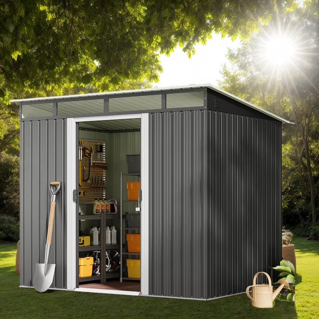 8'x6'ft Metal Shed, Asofer Outdoor Storage Shed with Transparent Panel Window for Garden, Dark Gray