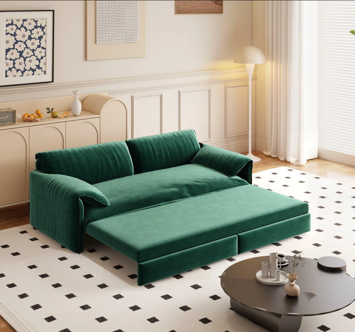 66" Queen Pull Out Sofa Bed, 3-in-1 Convertible Sleeper Sofa with Side Storage,Multi-Functional Velvet Loveseat Bed for Living Room,Bedroom