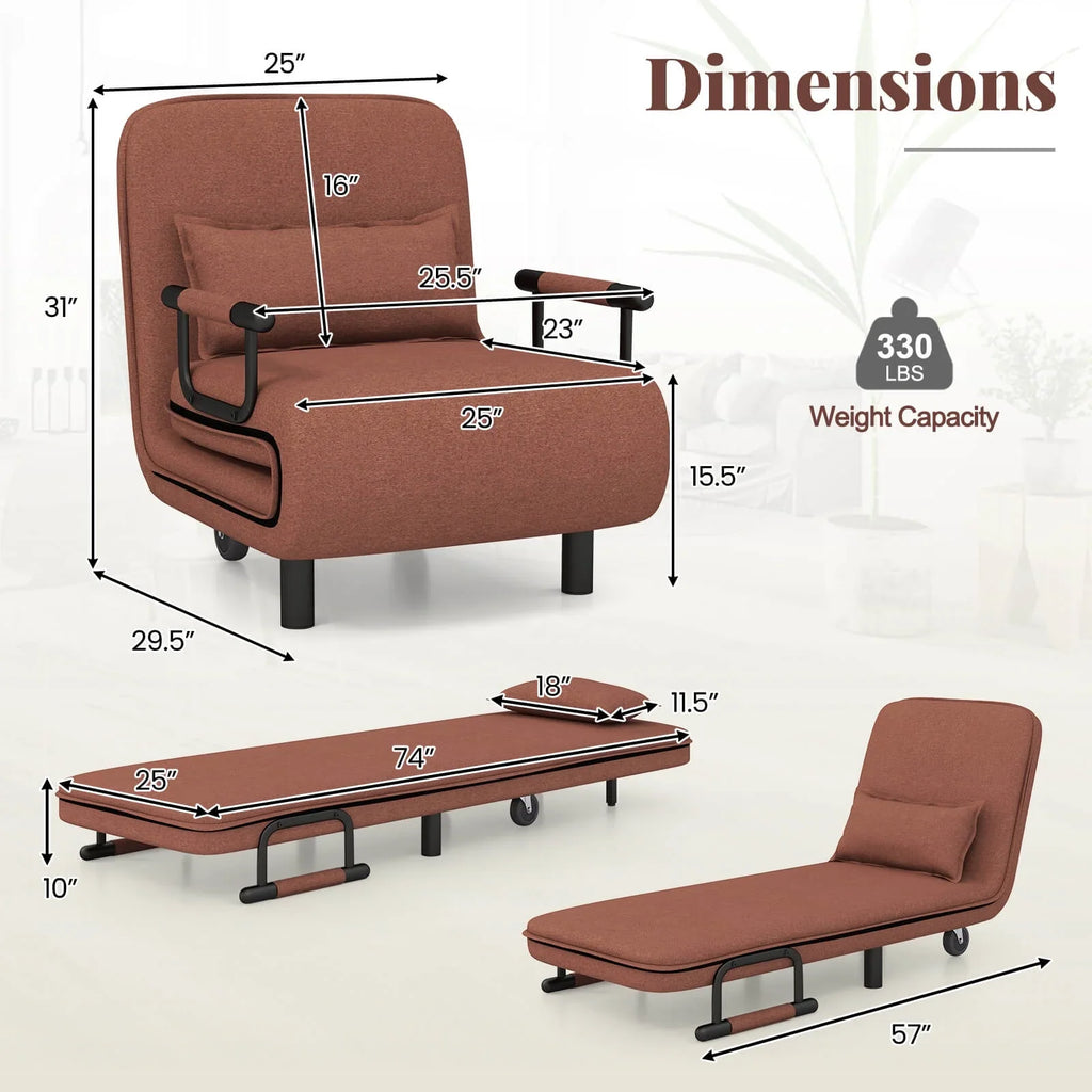 Costway 3-in-1 Convertible Sofa Bed with 5-Position Adjustable Backrest & Lumbar Pillow Brown