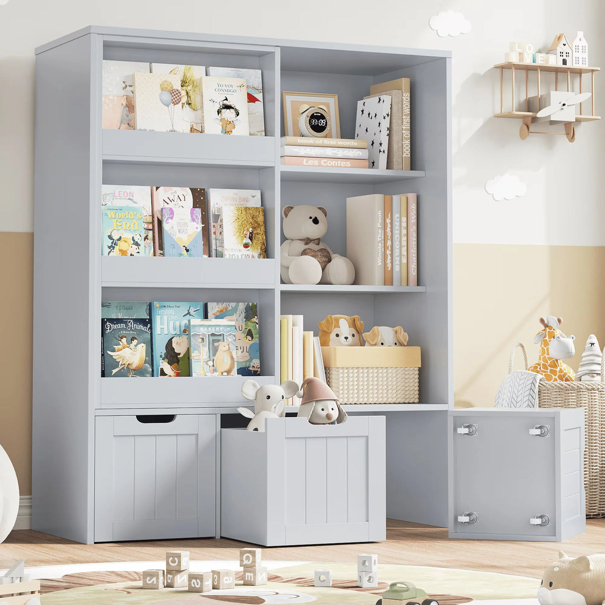 Homfa 6 Cube Toy Storage, Cube Organizer with Sliding Rack, 3 Drawer Kids Bookcase and Bookshelf, White
