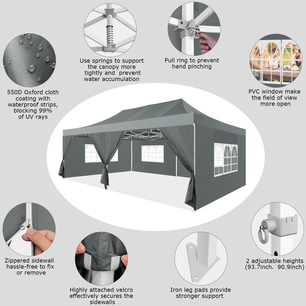 HOTEEL 10x20 Pop up Canopy with 6 Sidewalls Commercial Heavy Duty Canopy UPF 50+ All Weather Waterproof Outdoor Wedding Party Tents Gazebo with Roller Bag, Khaki