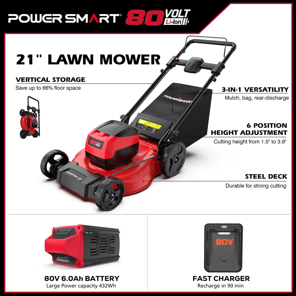 PowerSmart 80V MAX 21" Cordless Lawn Mower, 3-in-1 Brushless Electric Lawn Mower