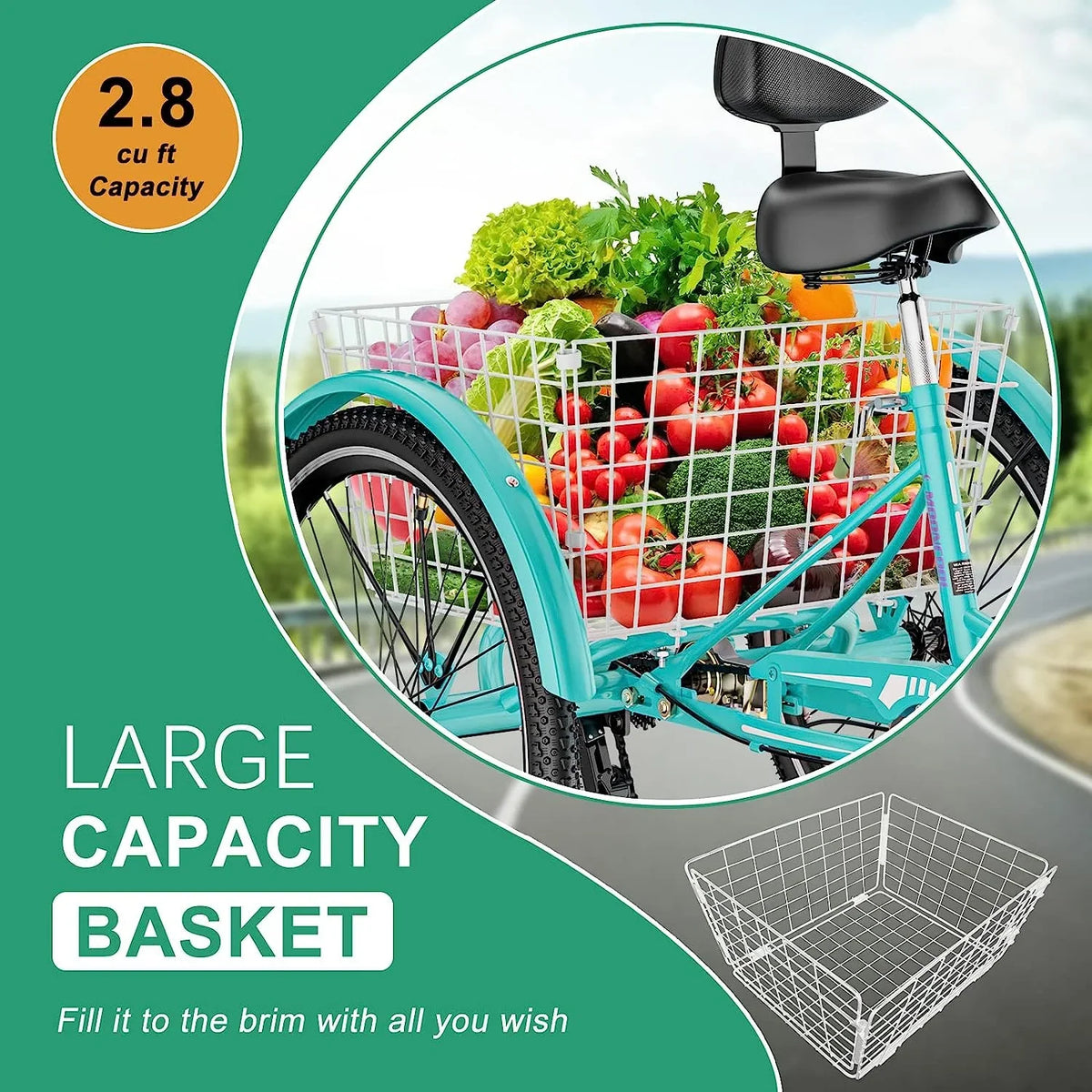 MOONCOOL Adult Tricycles with Rear Basket & Inflator, 24 26 inch 7 Speed 3 Wheel Bikes, Three-Wheeled Bicycles Adult Trike with Backrest for Seniors, Women, Men