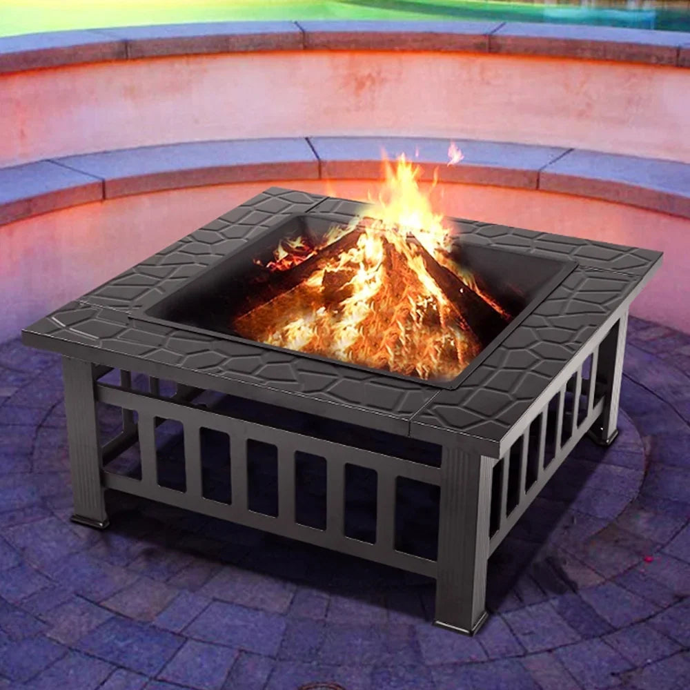 Wood Burning Fire Pits for Outside, 32" Square Iron Fire Pit Backyard Patio Garden Stove Wood Burning Fire Pit w/ Mesh Screen Lid, Wood Grate, Poker, Durable Fire Pit, Q5946