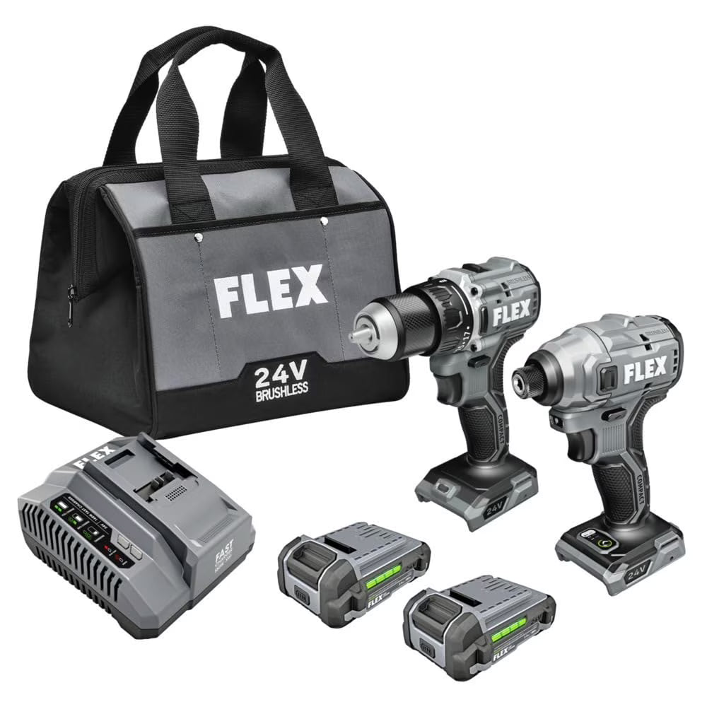 FLEX 24V Brushless Cordless 2-Tool Compact Combo Kit: 1/2-Inch 2-Speed Drill Driver and 1/4-Inch Hex Impact Driver with (2) 2.5Ah Lithium Batteries and 160W Fast Charger - FXM205-2A C30