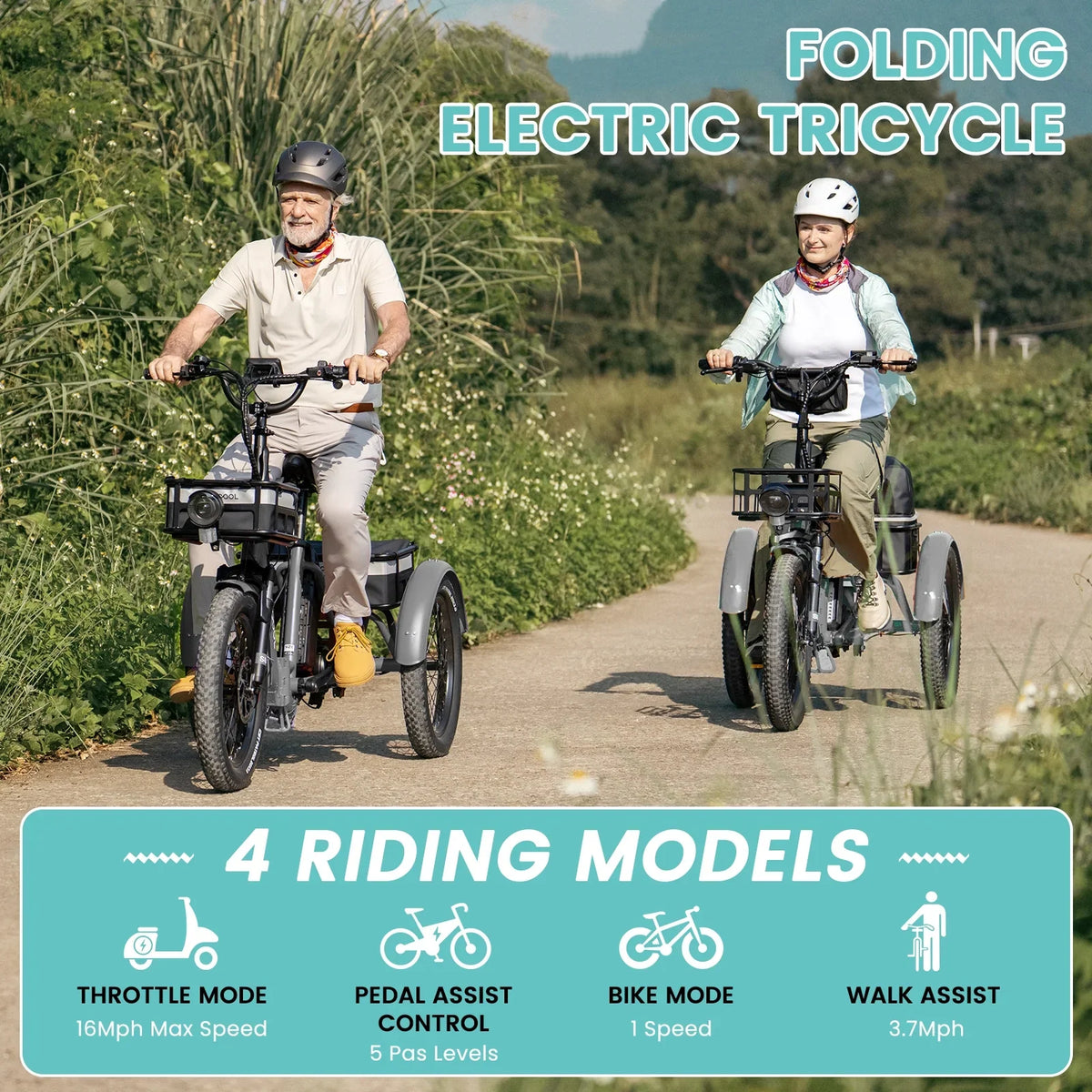 MOONCOOL TK1 Folding Electric Tricycle for Adults,48V 14.5Ah Removable battery, 500W"Peak 1000w"Motor, 20" Fat Tire Step-Thru 3Wheel Electric Bicycle w/Front&Rear Baskets, Certified to UL 2849 by SGS