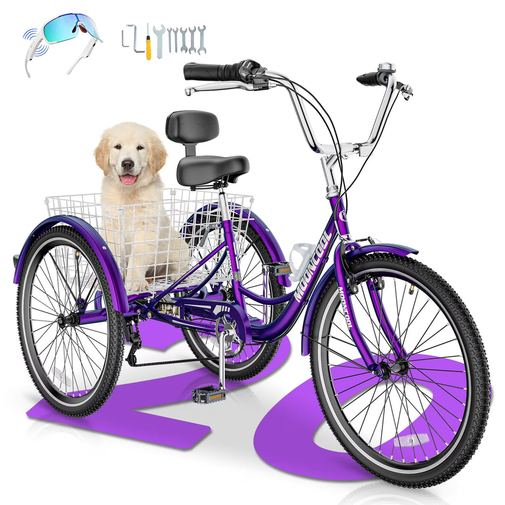 MOONCOOL Adult Tricycles with Rear Basket & Inflator, 24 26 inch 7 Speed 3 Wheel Bikes, Three-Wheeled Bicycles Adult Trike with Backrest for Seniors, Women, Men