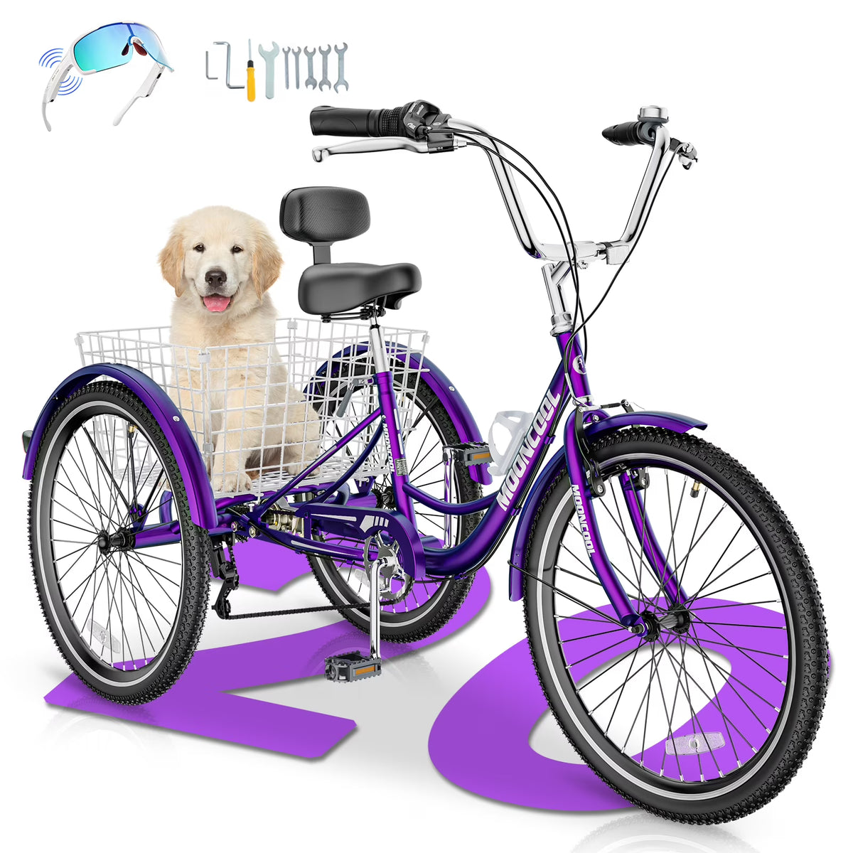 MOONCOOL Adult Tricycles with Rear Basket & Inflator, 24 26 inch 7 Speed 3 Wheel Bikes, Three-Wheeled Bicycles Adult Trike with Backrest for Seniors, Women, Men