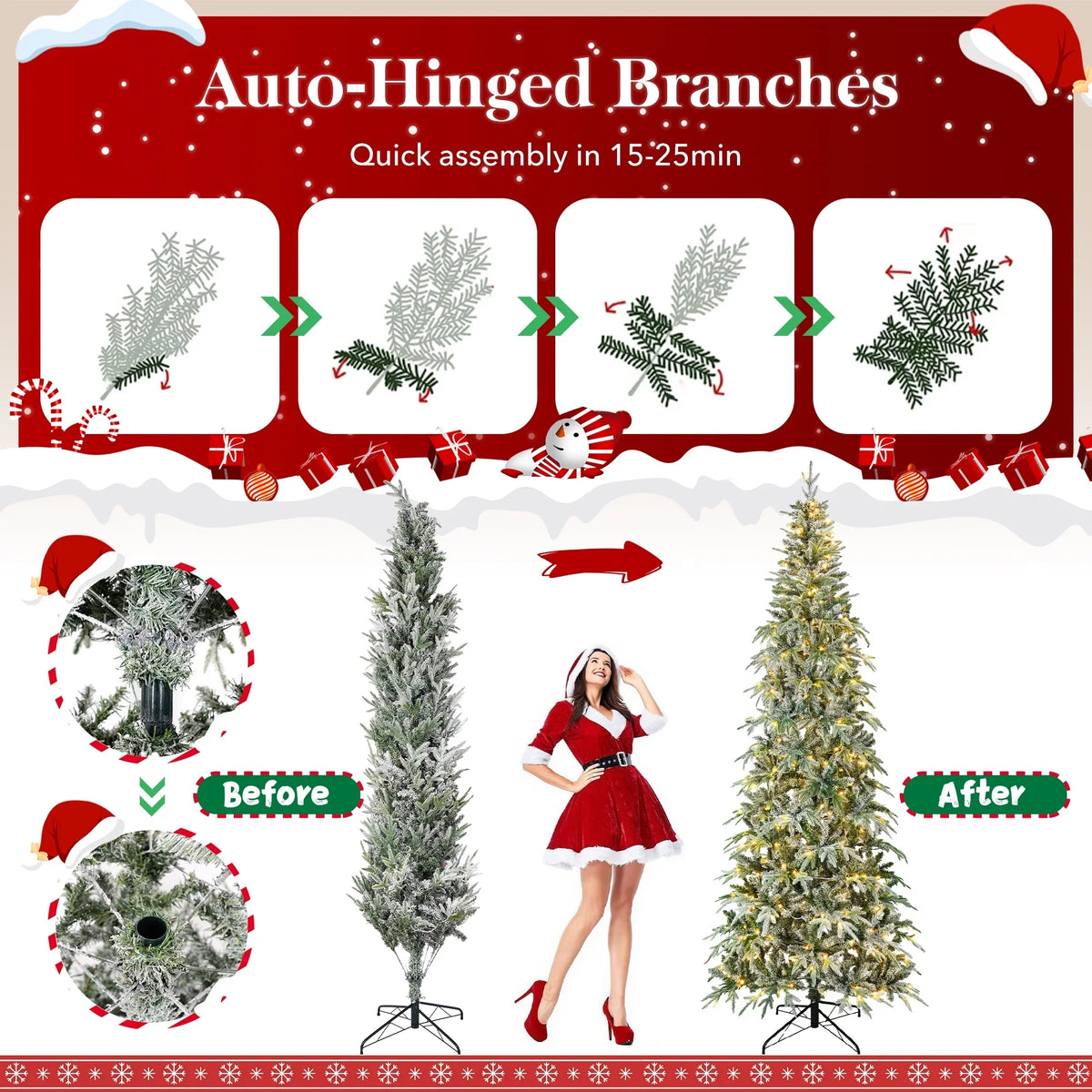 Qunler 9ft Snow Flocked Christmas Tree with 2028 Tips, Artificial Snowy Xmas Pine Tree with Reinforced Metal Base for Home Office Party Holiday Decorations,White(NO Light)