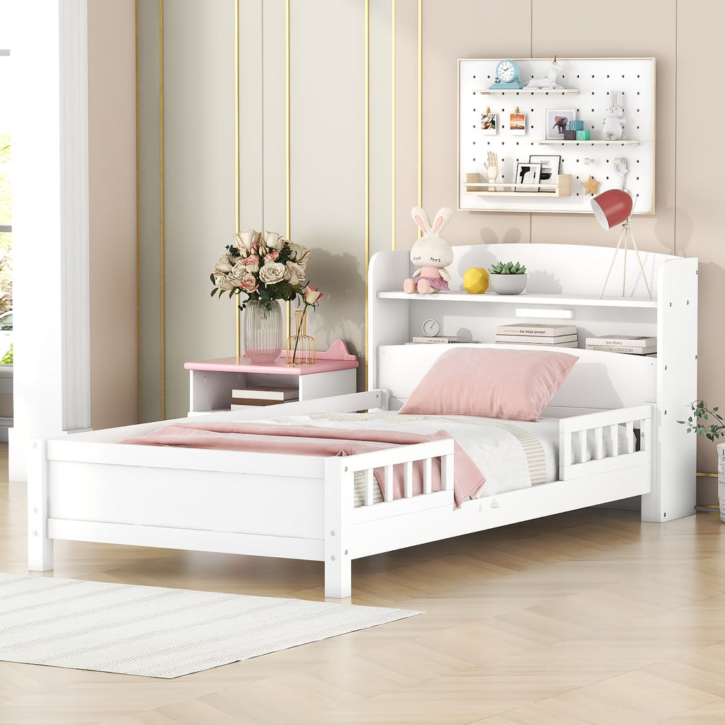 Euroco Wood Twin Size Platform Bed with Storage Headboard, Shelves and LED Light for Kids, Gray