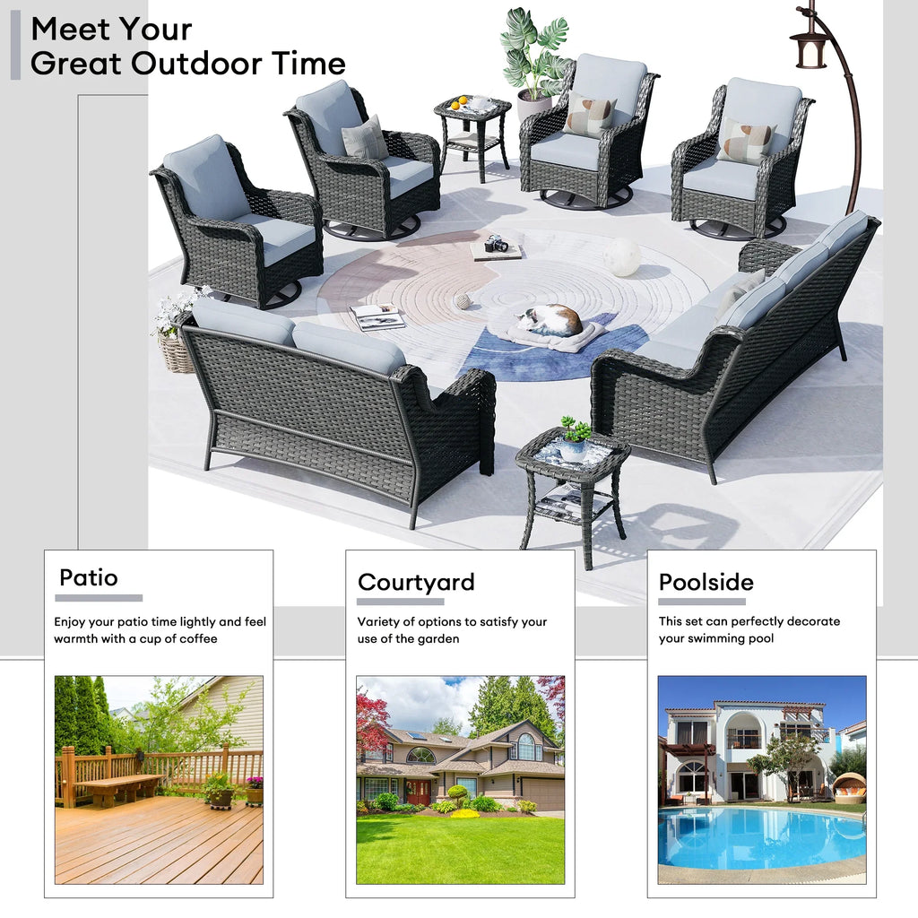 Ovios 8-Piece Wicker Outdoor Sectional Patio Set with Swivel Chairs and Loveseat, Gray