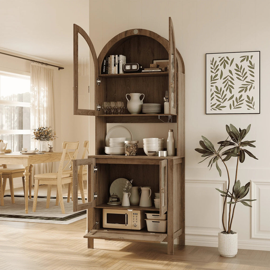 LAZZO 73-Inch Tall Arched Kitchen Pantry Storage Cabinet, 2 Doors, Brown
