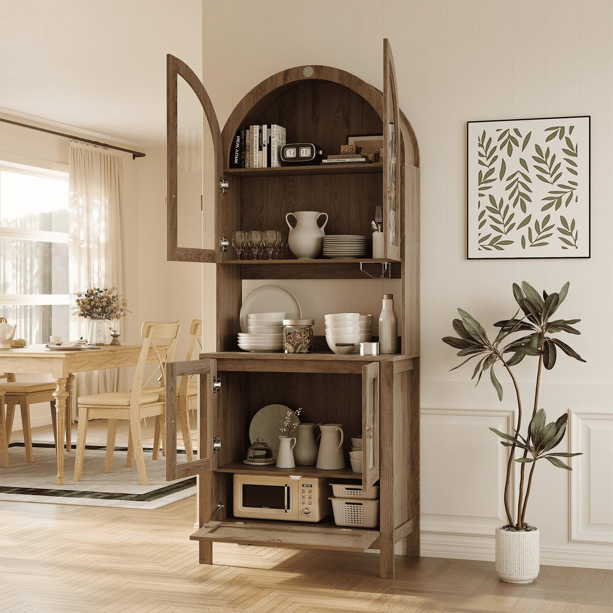 LAZZO 73-Inch Tall Arched Kitchen Pantry Storage Cabinet, 2 Doors, Brown