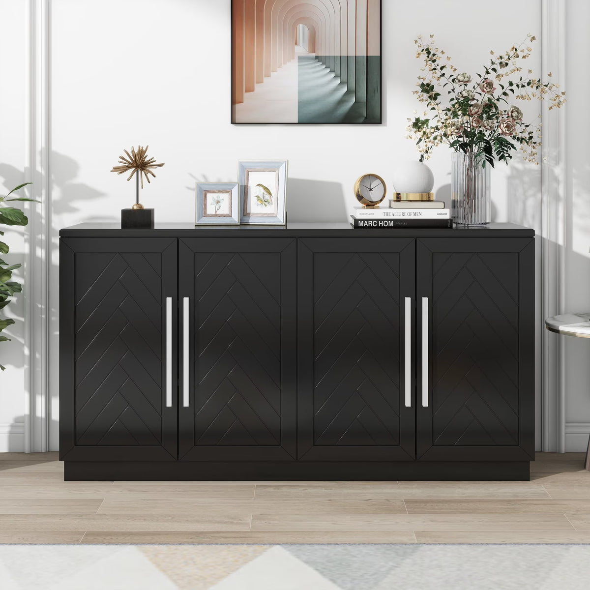 4-Door Buffet Sideboard, Modern Large Storage Cabinet Furniture with Adjustable Shelves&Silver Handles, Accent Cabinet Table, Console Table Cabinet for Kitchen Living Room Entryway Hallway, Navy Blue