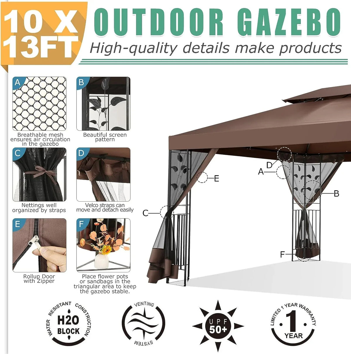 COBIZI 10' x 13' Pop Up Gazebo, Screened Patio Gazebo, Outdoor Steel Double Roof Canopy Tent, Metal Frame Canopy with Mosquito Netting, Sunshade for Garden, Lawns, Gray